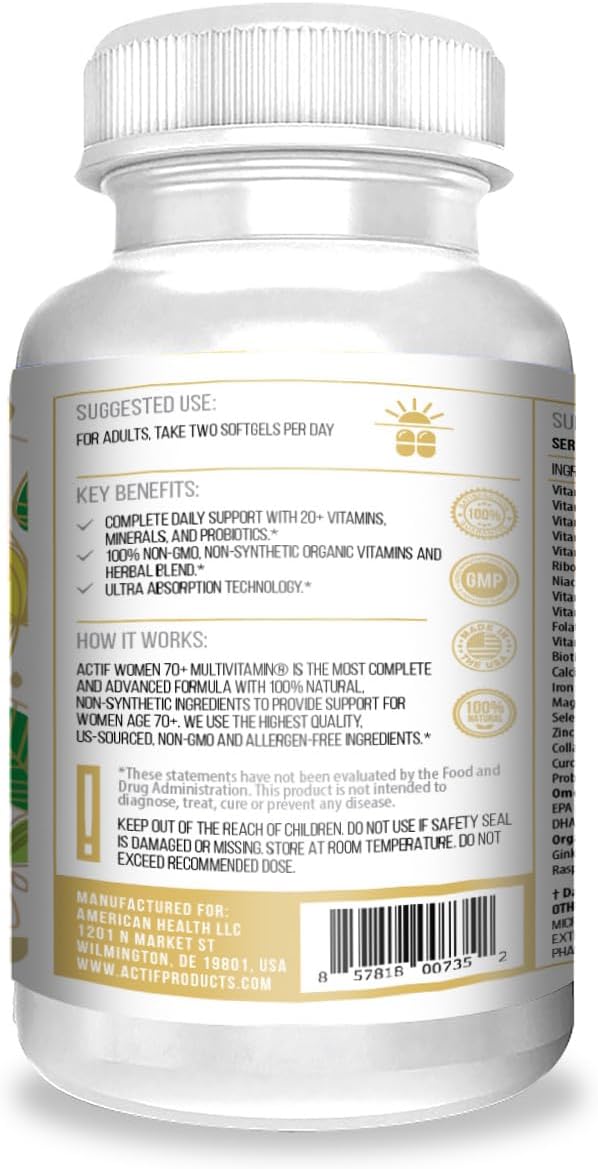 ACTIF Organic Multivitamin Women 70+ with 20+ Advanced Factors, Omega-3, Non-GMO, Made in USA - 90 Count