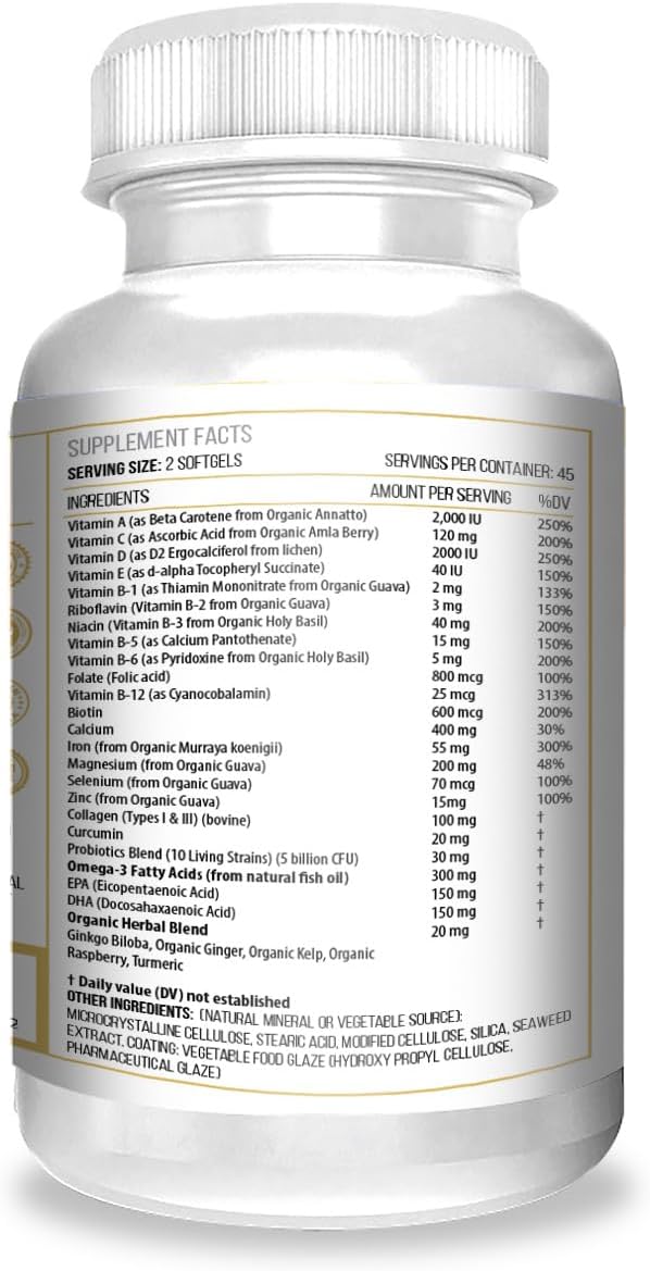 ACTIF Organic Multivitamin Women 70+ with 20+ Advanced Factors, Omega-3, Non-GMO, Made in USA - 90 Count