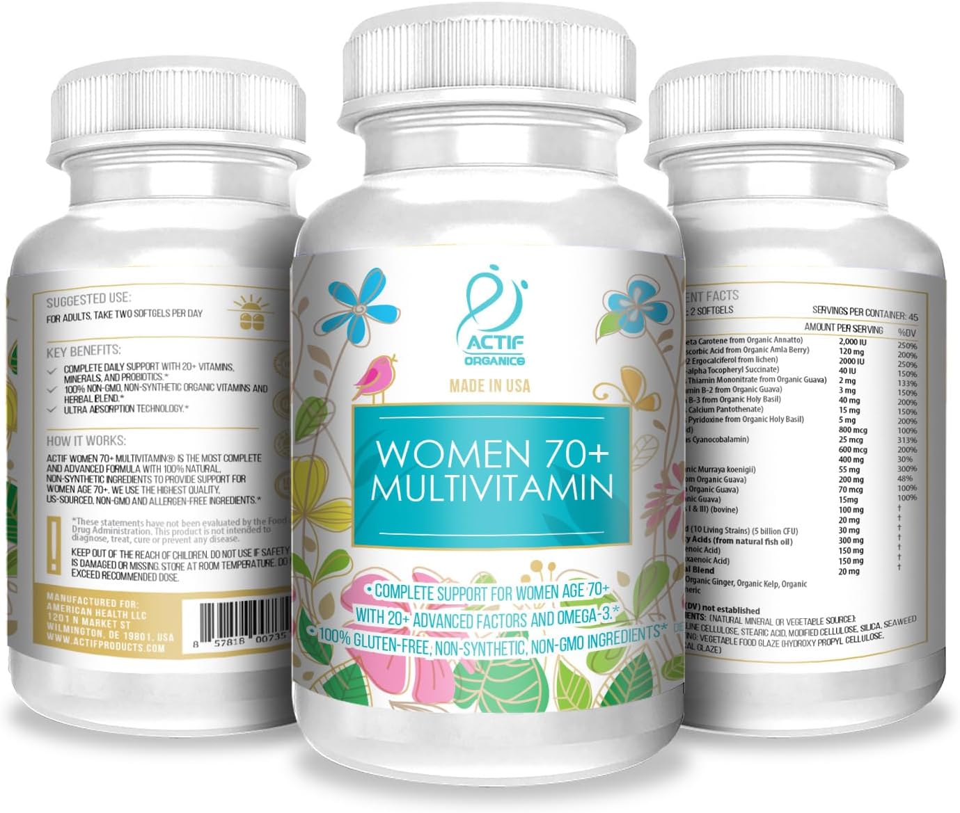 ACTIF Organic Multivitamin Women 70+ with 20+ Advanced Factors, Omega-3, Non-GMO, Made in USA - 90 Count