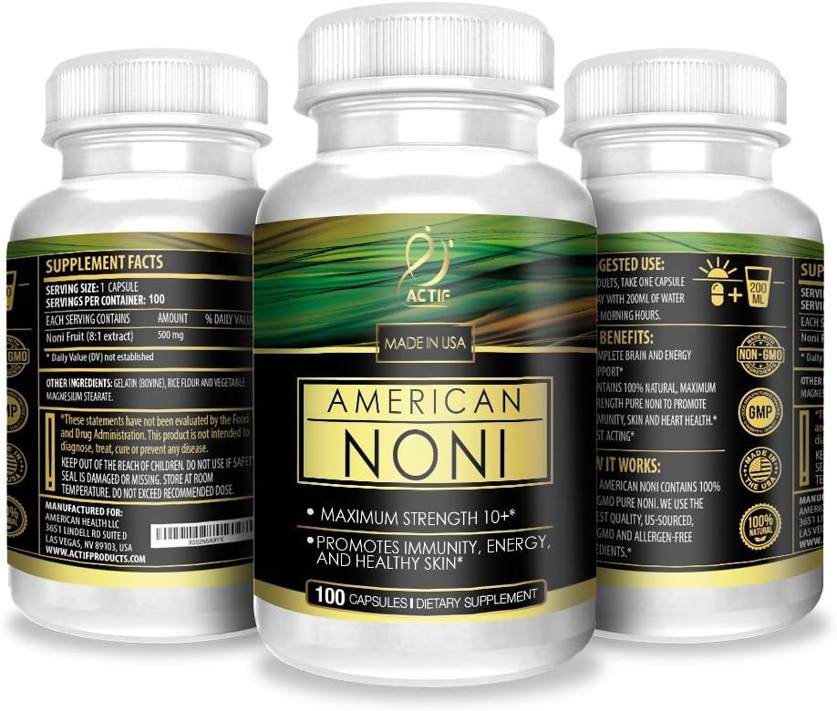 Actif Organic Noni Capsules - Maximum Strength Hawaiian Noni Supplement, Non-GMO, USA-Made, 100 Capsules
