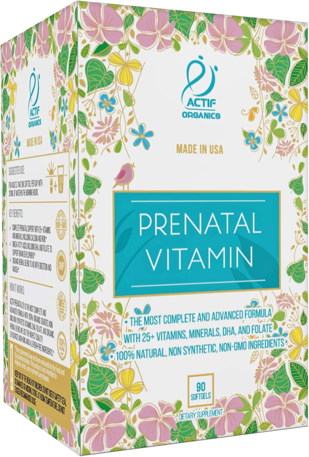 ACTIF Organic Prenatal Vitamin with 25+ Organic Vitamins, DHA, EPA, Omega 3, Herbal Blend - Non-GMO, 90 Count