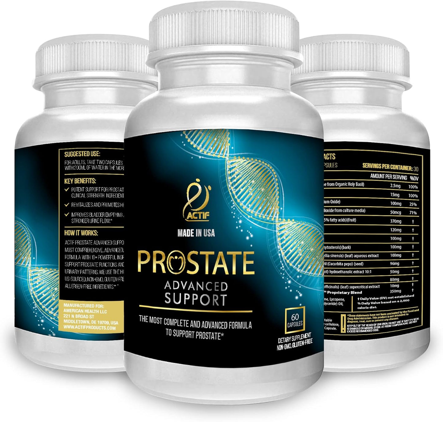 ACTIF Prostate Advanced Support Capsules - 60 Count, Made in USA, Non-GMO, 20+ Factors for Complete Prostate Support