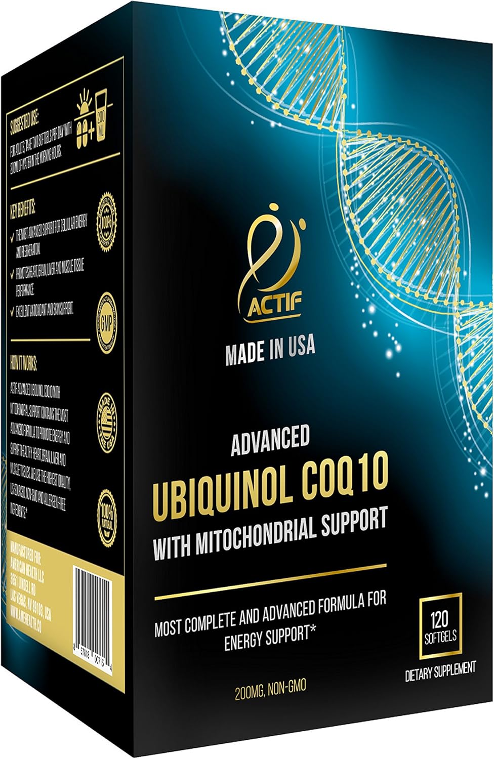ACTIF Super Ubiquinol CoQ10 200mg, 120 Count - Enhanced Mitochondrial Support, Non-GMO, USA Made