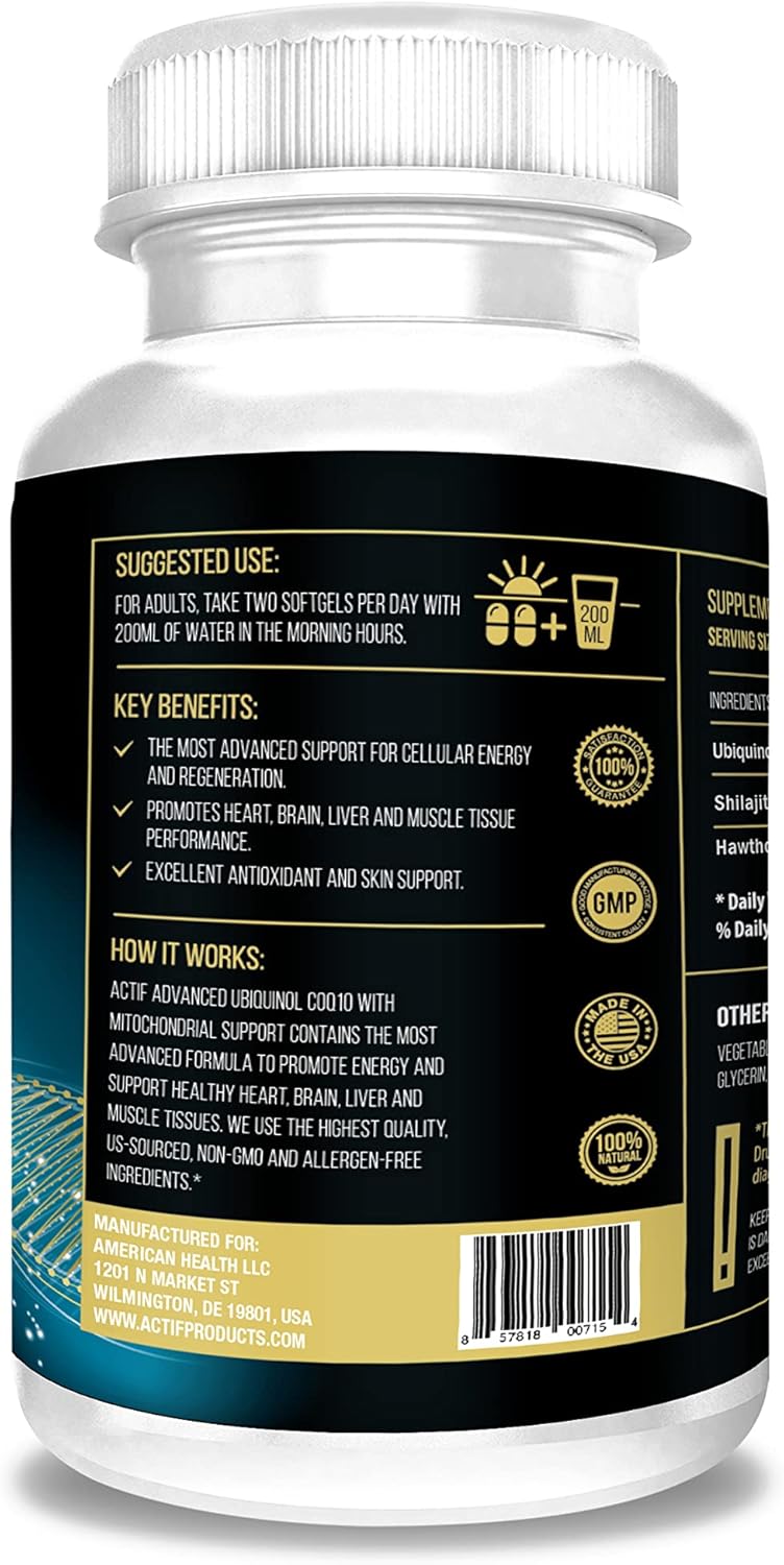 ACTIF Super Ubiquinol CoQ10 200mg, 120 Count - Enhanced Mitochondrial Support, Non-GMO, USA Made