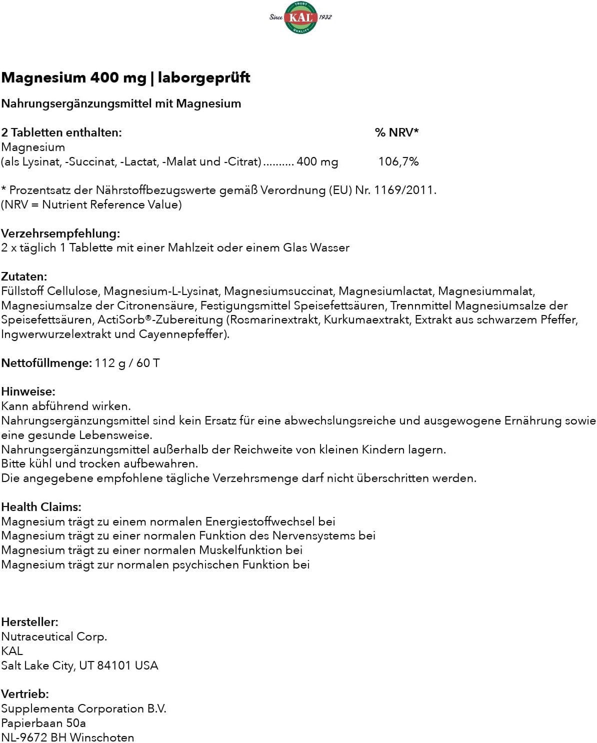 Actisorb KAL 400 Mg Magnesium Tablets - 60 Count Bottle