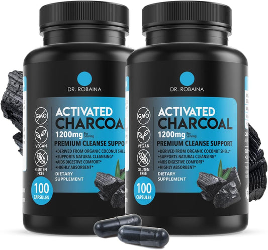 Activated Charcoal Capsules - 1200mg Natural Detox & Digestive Support - 200 Capsules (2 Bottles) by Dr. Robaina, Made in USA