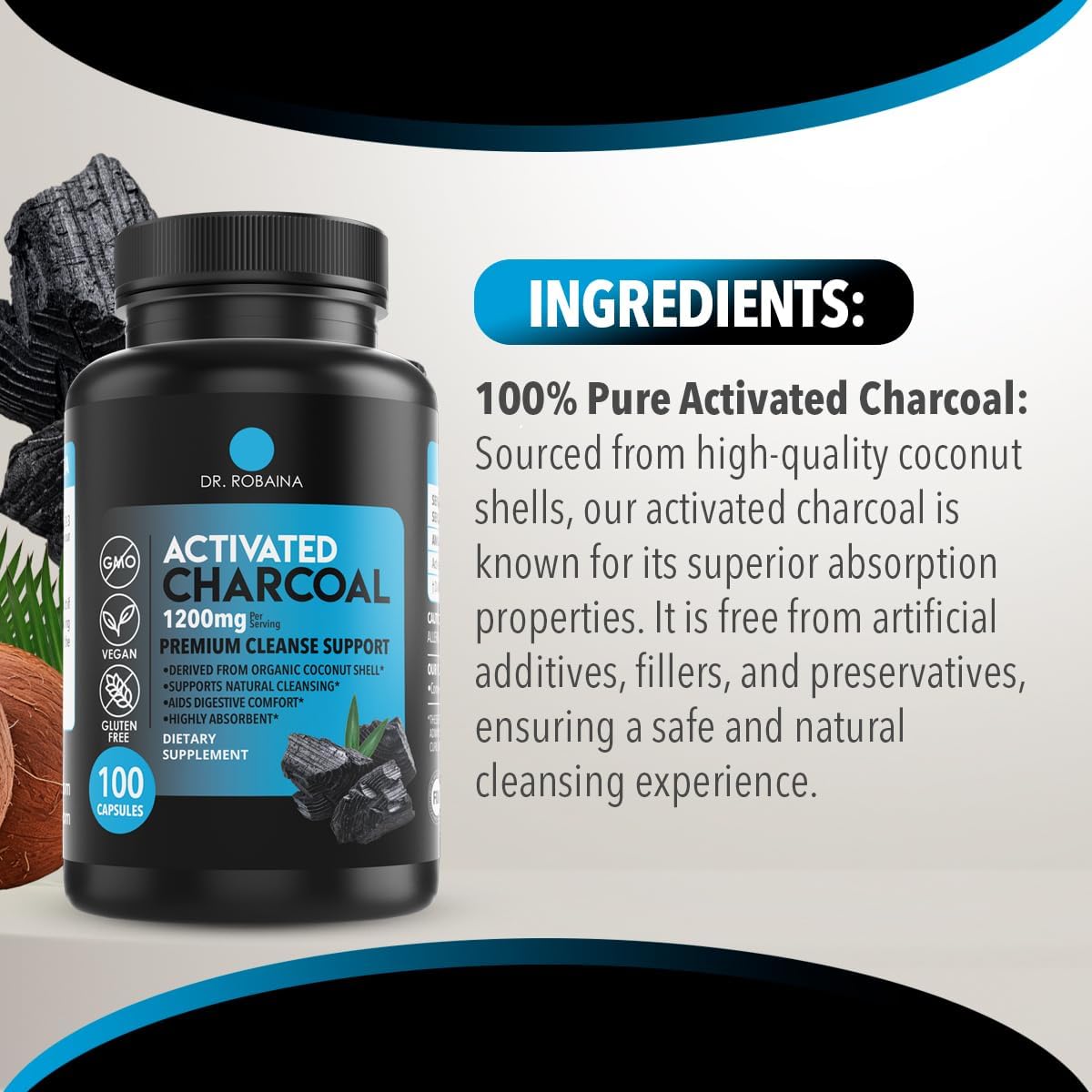 Activated Charcoal Capsules - 1200mg Natural Detox & Digestive Support - 200 Capsules (2 Bottles) by Dr. Robaina, Made in USA