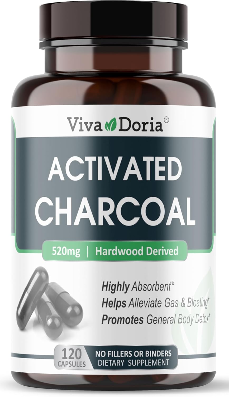 Activated Charcoal Capsules 520mg - 120 Veg Capsules for Gas & Bloating Relief - Supports Natural Detox