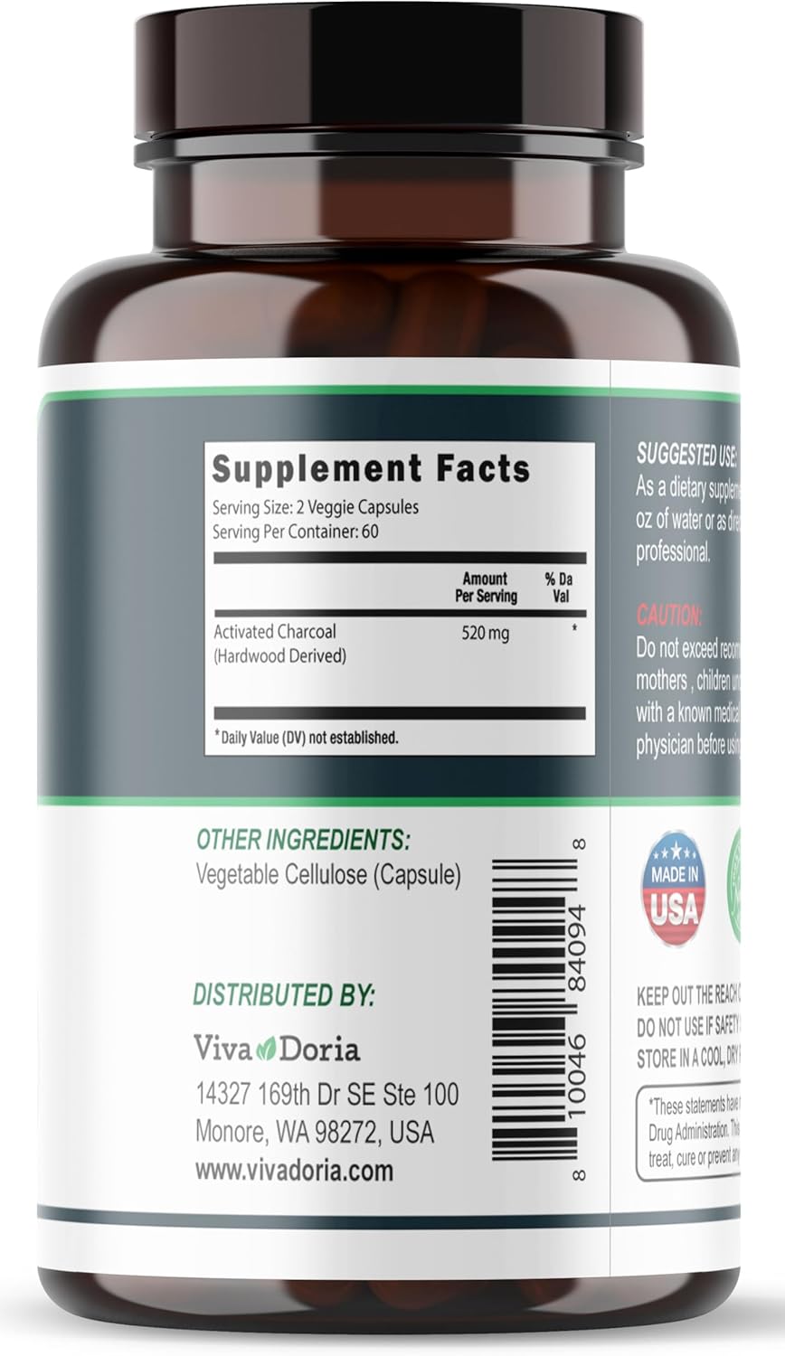 Activated Charcoal Capsules 520mg - 120 Veg Capsules for Gas & Bloating Relief - Supports Natural Detox