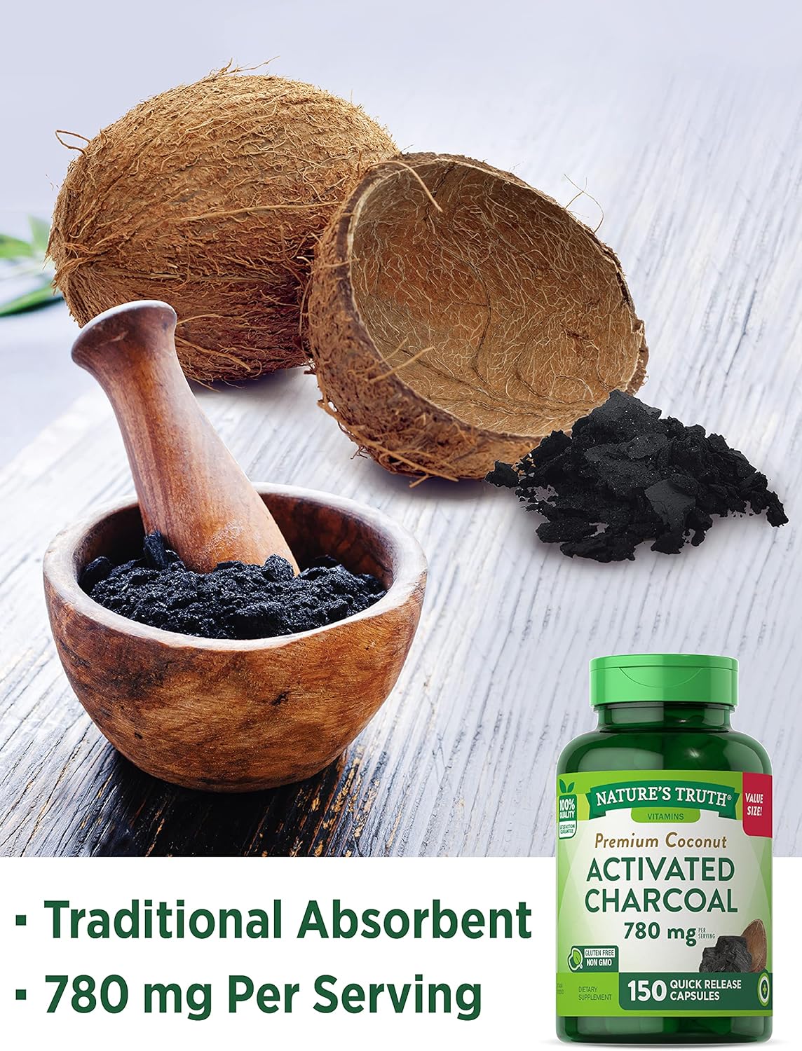 Activated Charcoal Capsules 780 mg - 150 Pills Value Size - Non-GMO & Gluten Free Formula by Nature's Truth