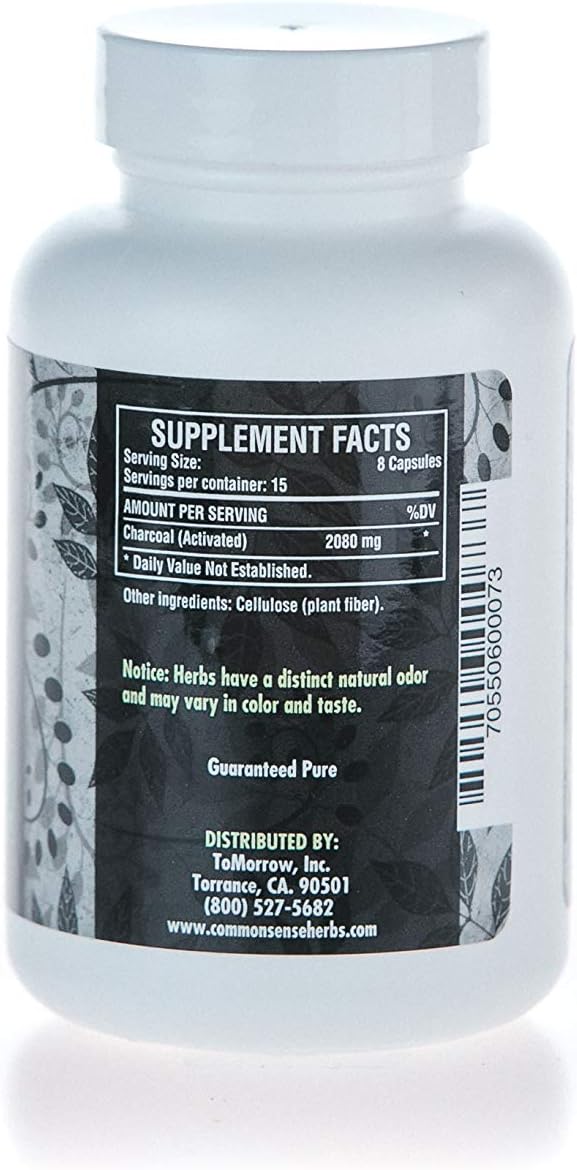 Activated Charcoal Capsules: Herbal Supplement for Digestive System - 100 Count