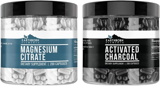 Activated Charcoal & Magnesium Citrate Capsule Bundle - 200 Caps, Pure & Undiluted, No Additives by Earthborn Elements