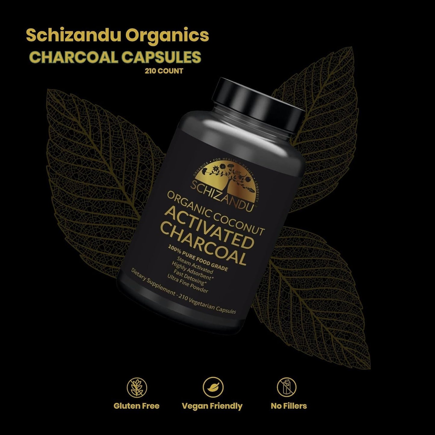 Activated Coconut Charcoal Capsules - Vegan, Organic, Non-GMO - X-Large Bottle 210 Count - Pack of 3 - Supports Health & Wellness
