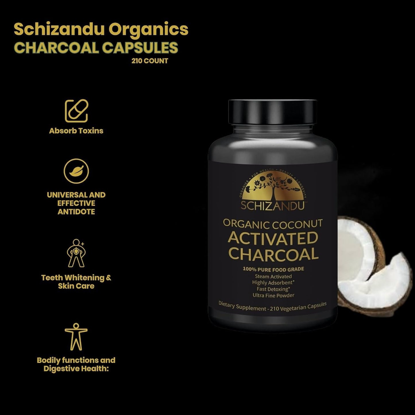 Activated Coconut Charcoal Capsules - Vegan, Organic, Non-GMO - X-Large Bottle 210 Count - Pack of 3 - Supports Health & Wellness