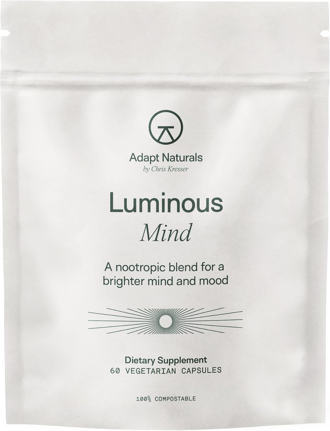 Adapt Naturals Luminous Mind Nootropic Supplement for Memory, Focus, and Mood Support - Caffeine-Free Brain Formula with Ginkgo Biloba, Bacopa, and Lions Mane - 30 Day Supply