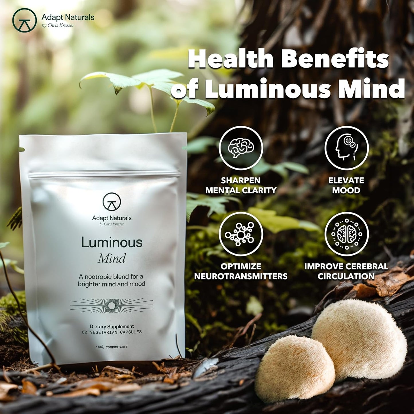 Adapt Naturals Luminous Mind Nootropic Supplement for Memory, Focus, and Mood Support - Caffeine-Free Brain Formula with Ginkgo Biloba, Bacopa, and Lions Mane - 30 Day Supply