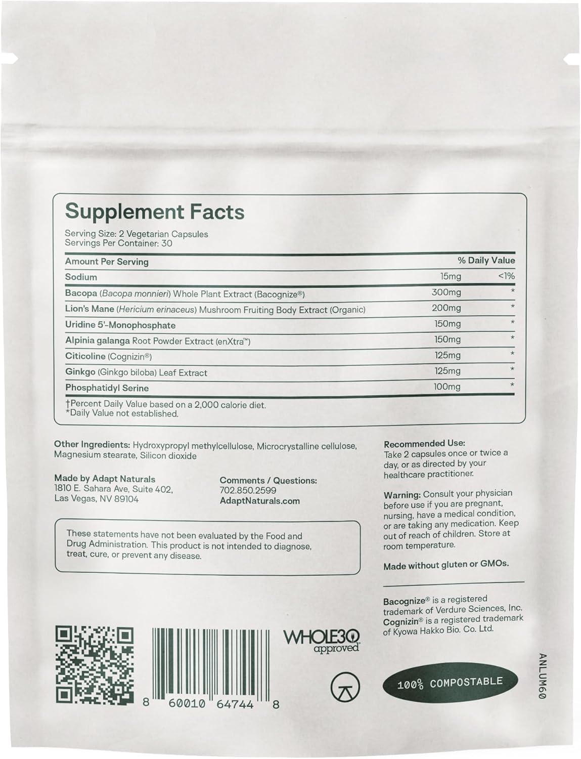 Adapt Naturals Luminous Mind Nootropic Supplement for Memory, Focus, and Mood Support - Caffeine-Free Brain Formula with Ginkgo Biloba, Bacopa, and Lions Mane - 30 Day Supply