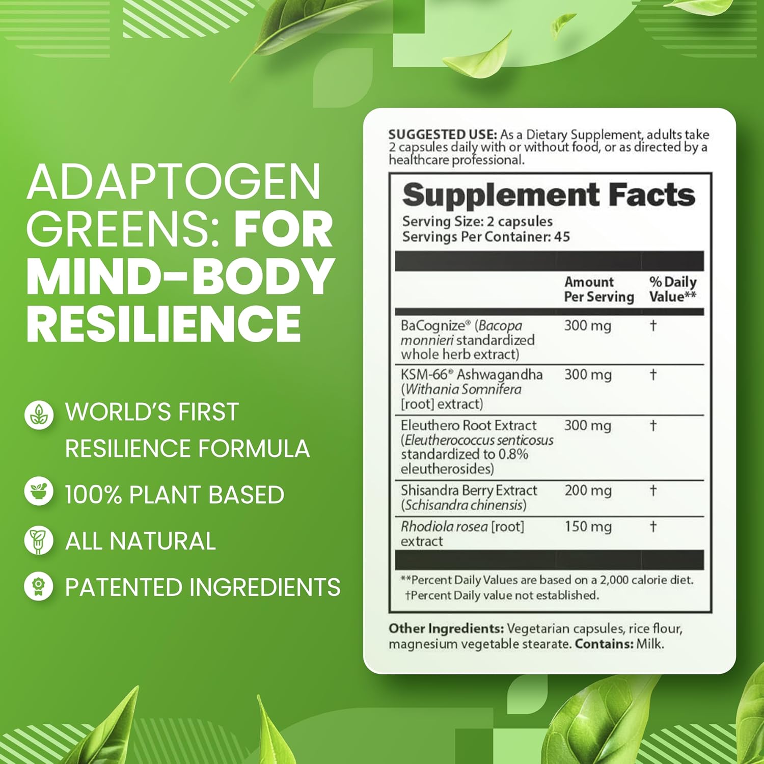 Adaptogen Greens Nootropic Supplement for Brain Memory Support - Enhance Mental Performance and Recovery with Science-Backed Formula (90 Capsules)