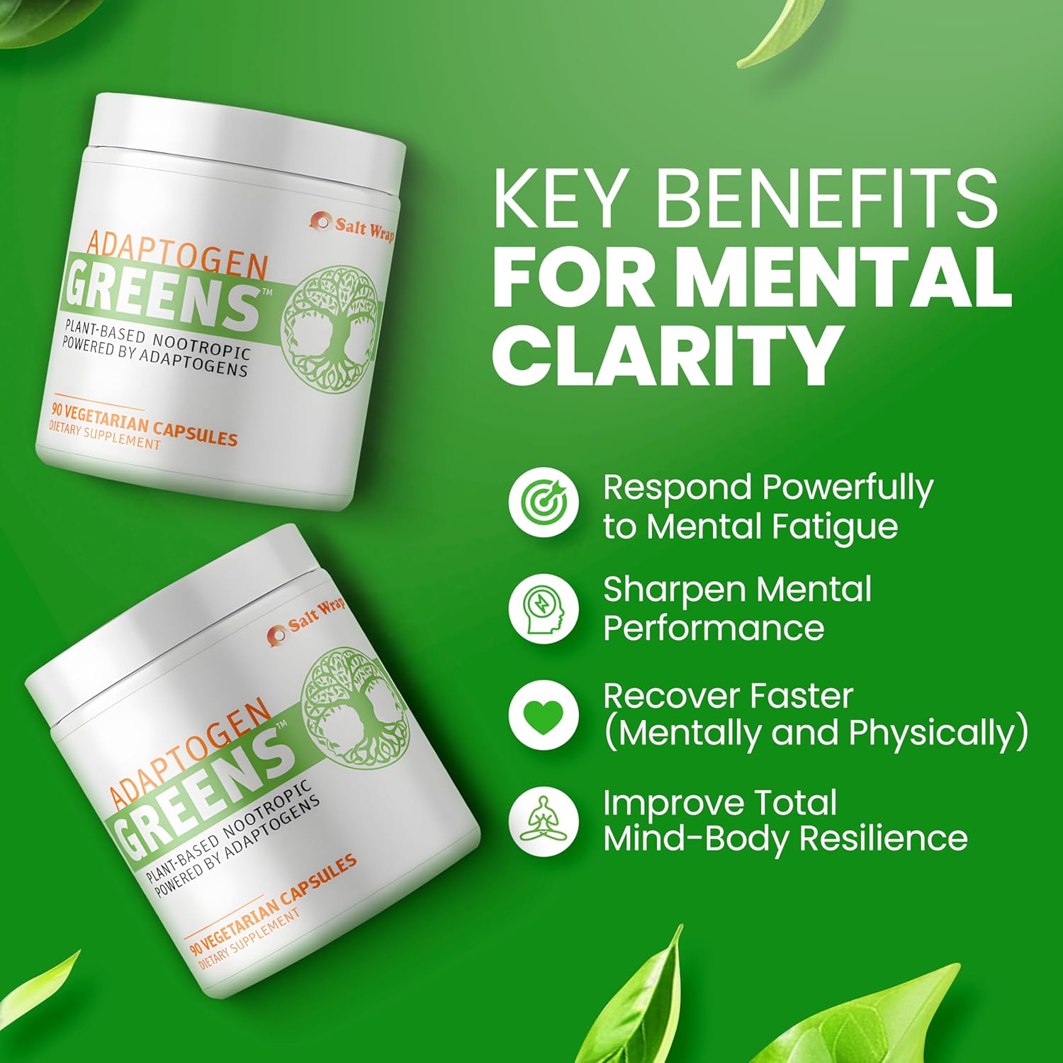 Adaptogen Greens Nootropic Supplement for Brain Memory Support - Enhance Mental Performance and Recovery with Science-Backed Formula (90 Capsules)