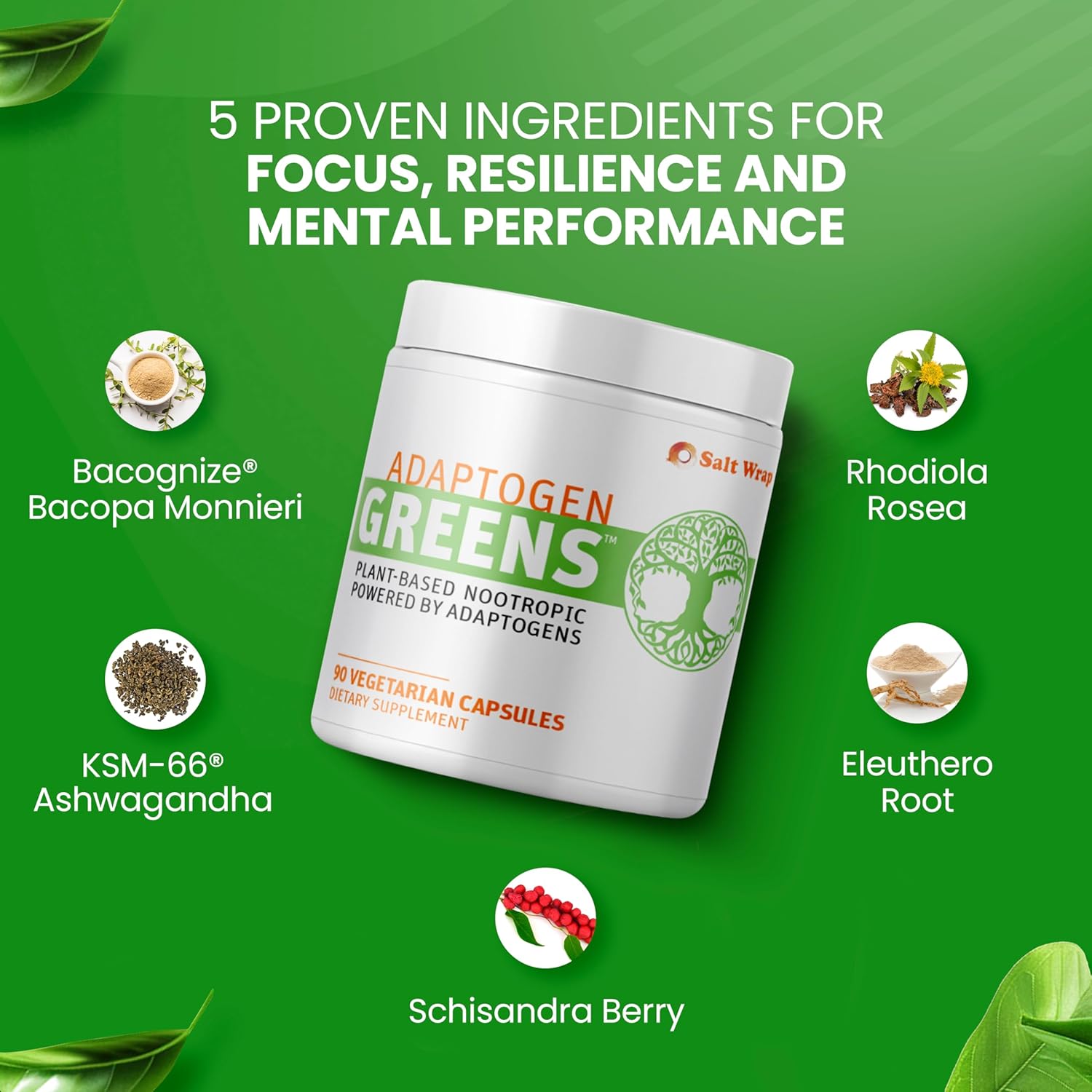 Adaptogen Greens Nootropic Supplement for Brain Memory Support - Enhance Mental Performance and Recovery with Science-Backed Formula (90 Capsules)
