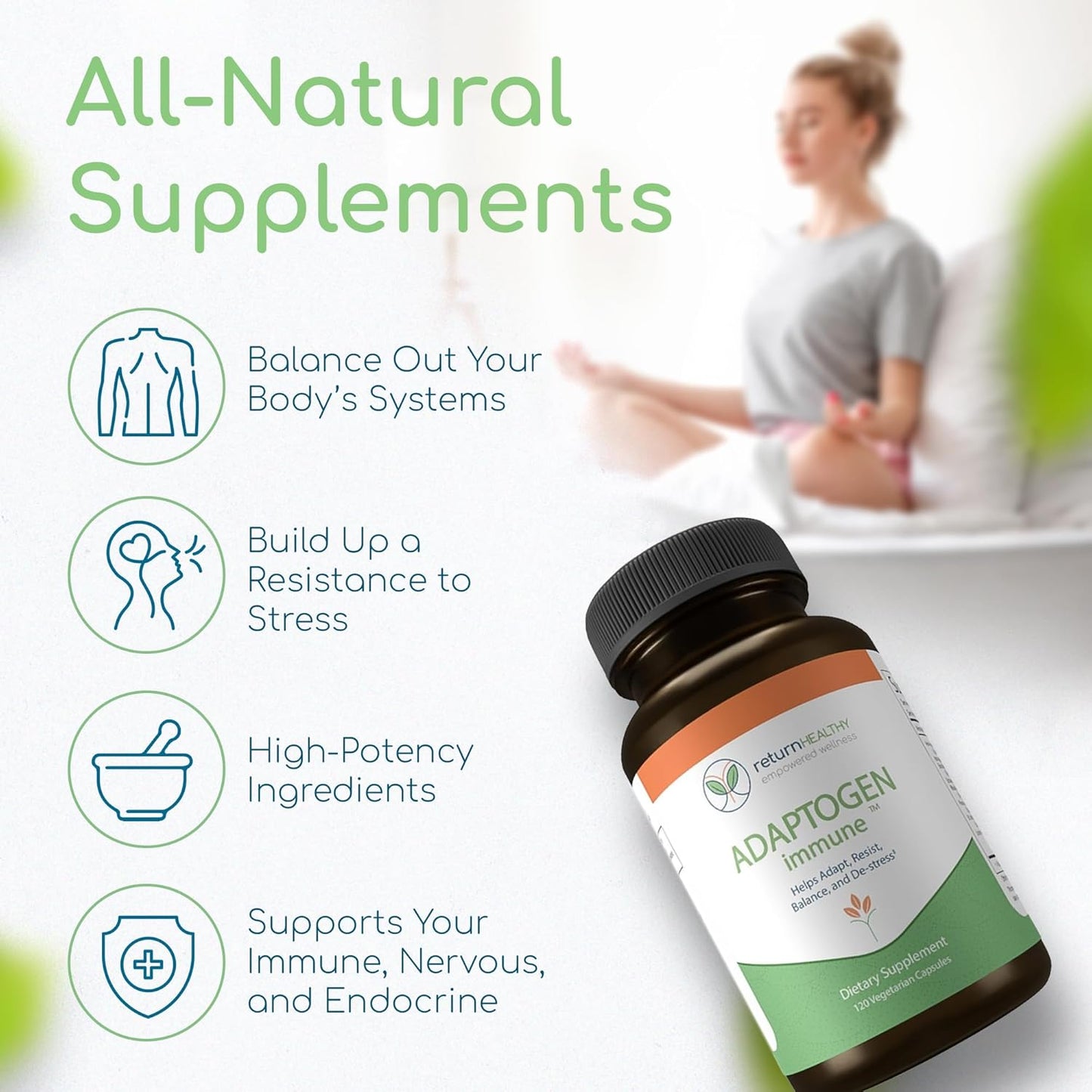 Adaptogen Immune Support Supplement with Ashwagandha, Siberian Ginseng, Astragalus Root - Promotes Healthy Body Functioning and Stress Relief - 120 Capsules