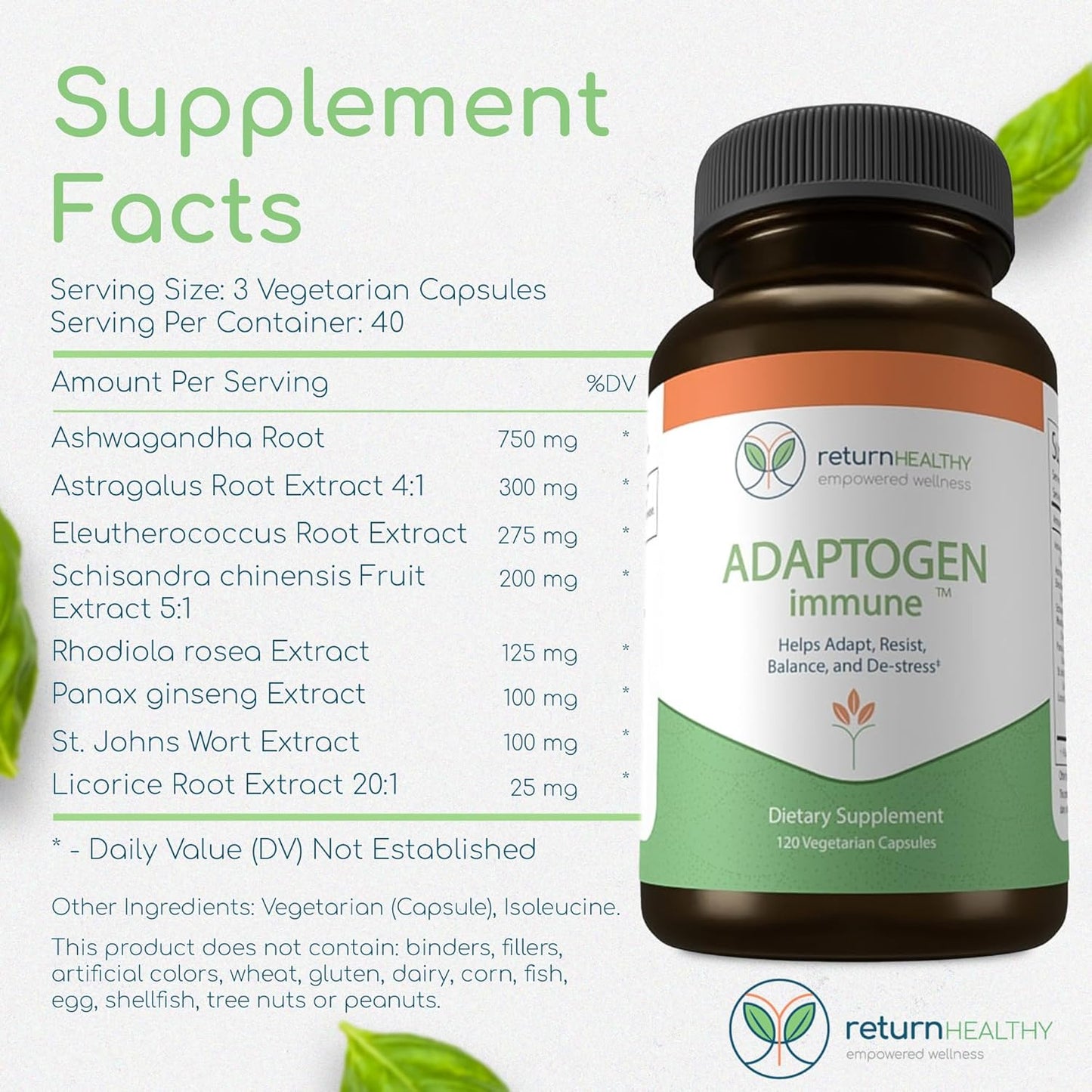 Adaptogen Immune Support Supplement with Ashwagandha, Siberian Ginseng, Astragalus Root - Promotes Healthy Body Functioning and Stress Relief - 120 Capsules