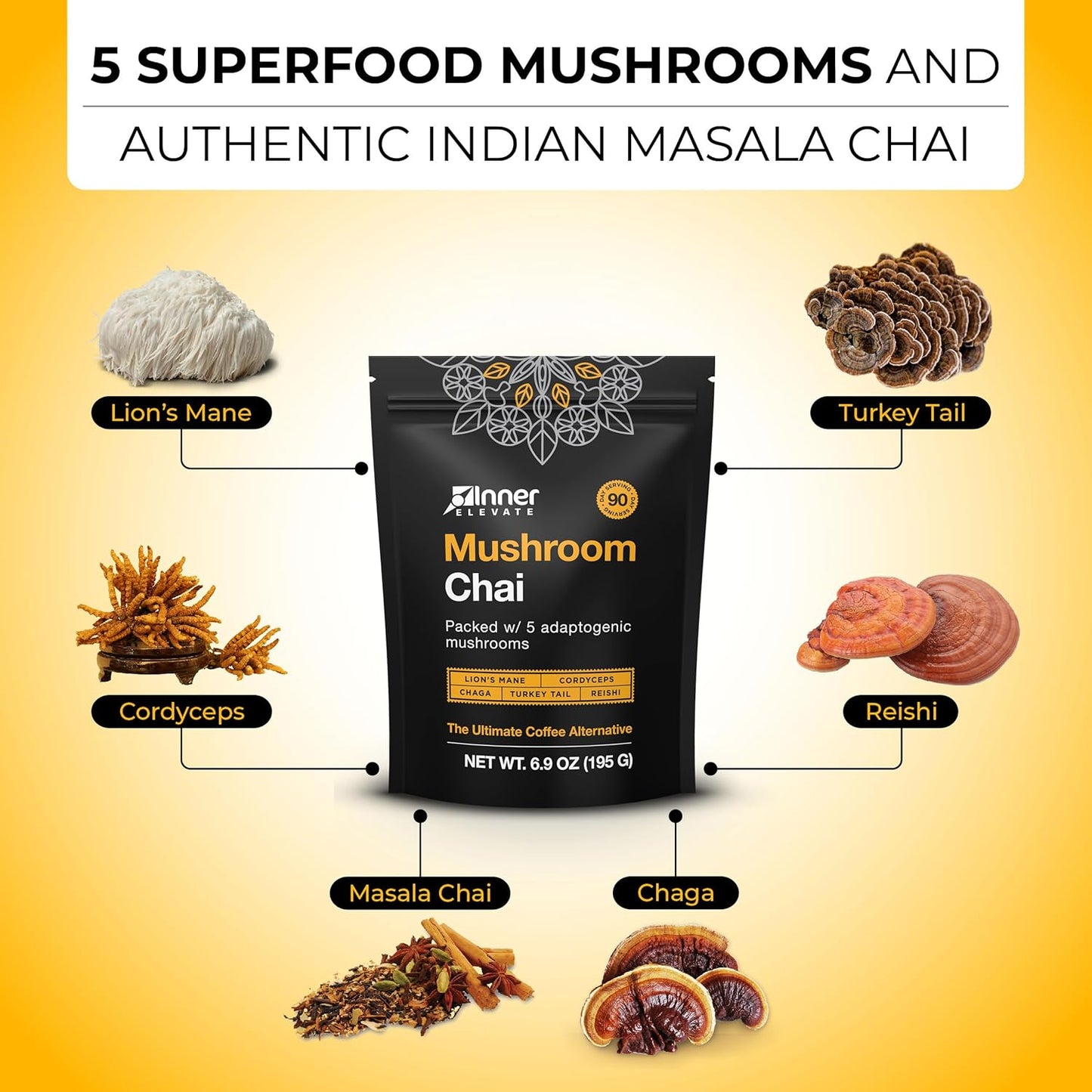 Adaptogenic Mushroom Chai Tea Blend with Lion's Mane, Cordyceps, Chaga, Reishi, Turkey Tail - Ultimate Coffee Substitute (90 Servings) - BoostGo Australia