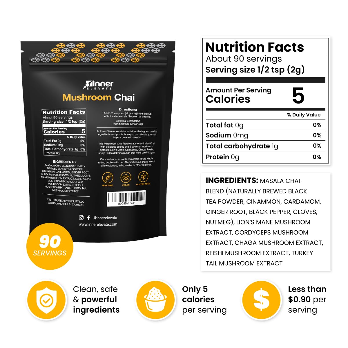 Adaptogenic Mushroom Chai Tea Blend with Lion's Mane, Cordyceps, Chaga, Reishi, Turkey Tail - Ultimate Coffee Substitute (90 Servings) - BoostGo Australia