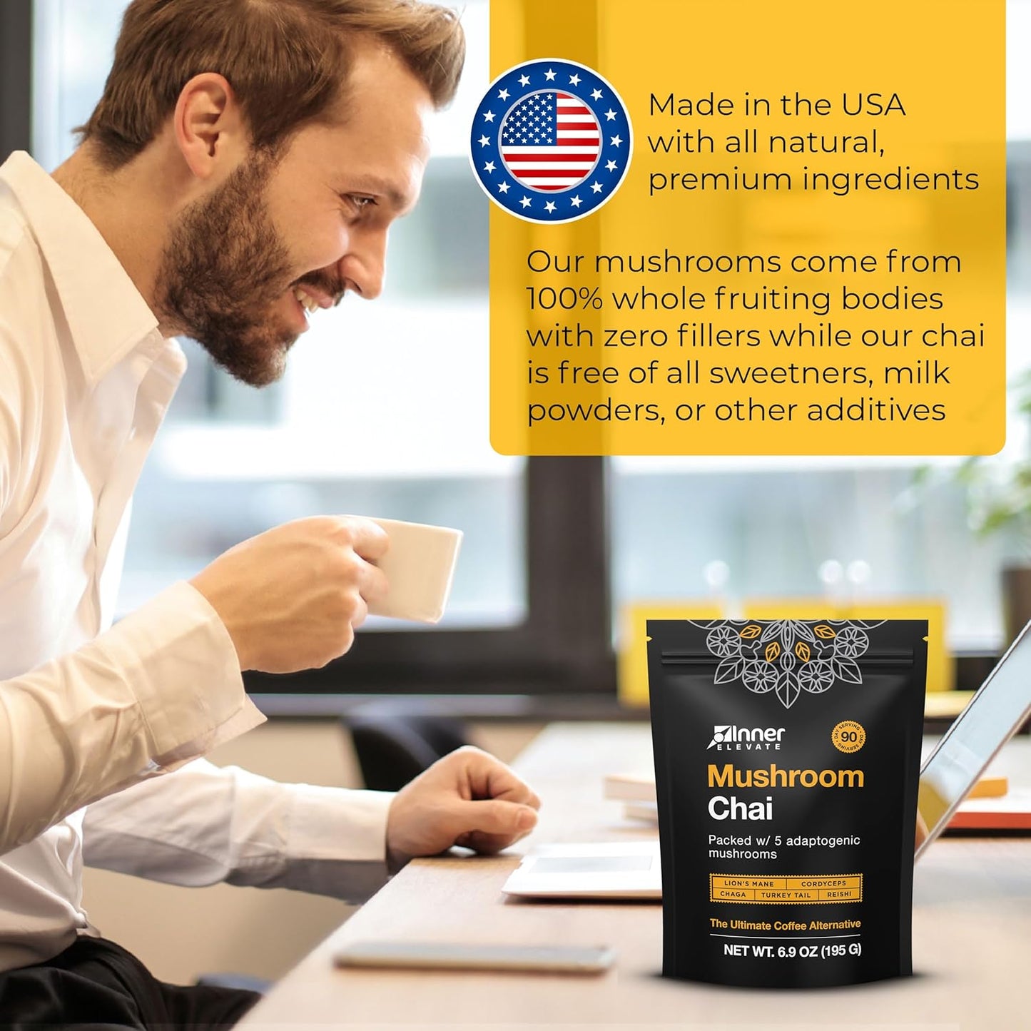 Adaptogenic Mushroom Chai Tea Blend with Lion's Mane, Cordyceps, Chaga, Reishi, Turkey Tail - Ultimate Coffee Substitute (90 Servings) - BoostGo Australia