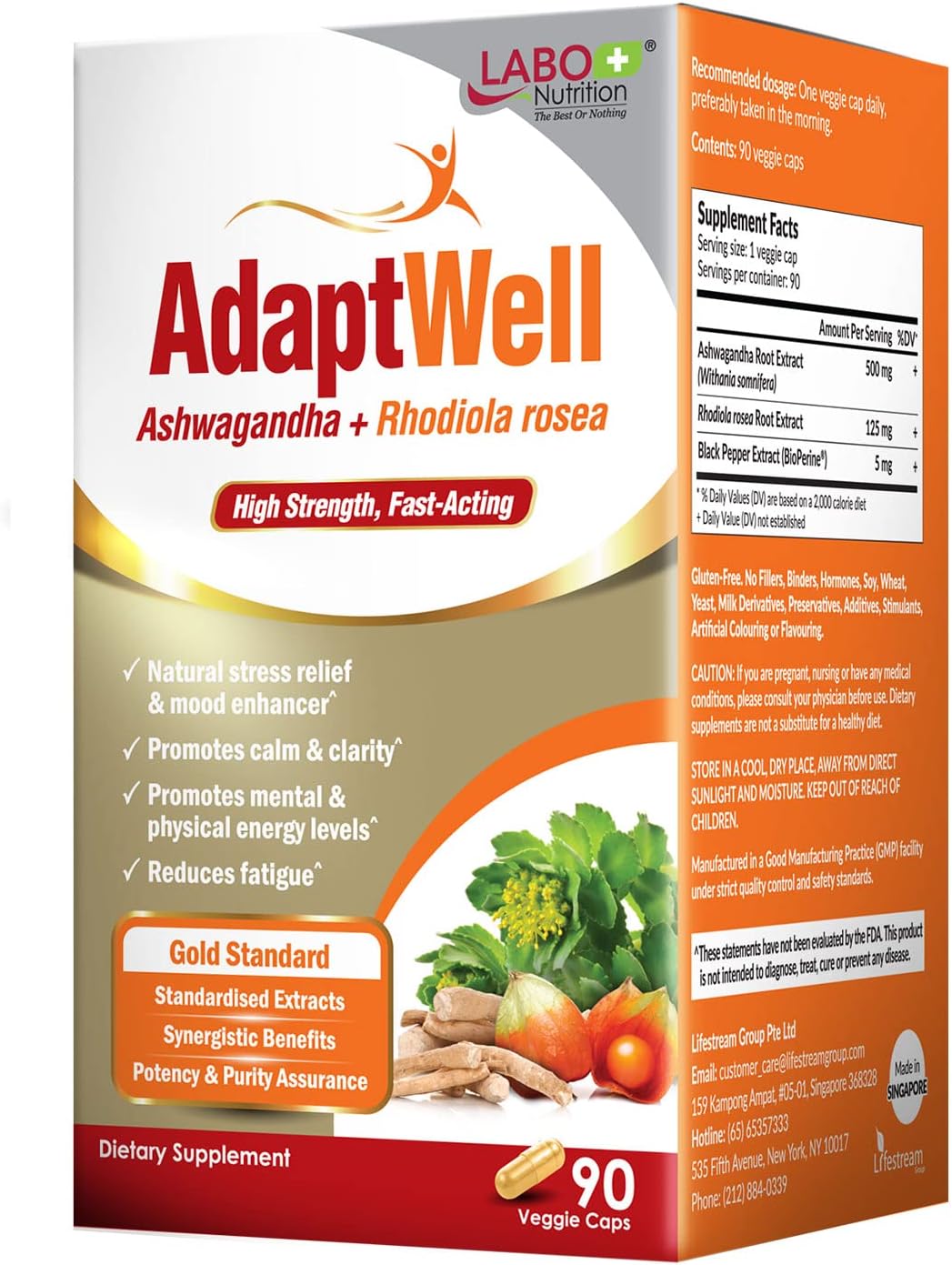 AdaptWell Ashwagandha & Rhodiola Root Extract Capsules with Bioperine - 90 Count for Relaxation, Adrenal Health, Immune Support & Thyroid Function