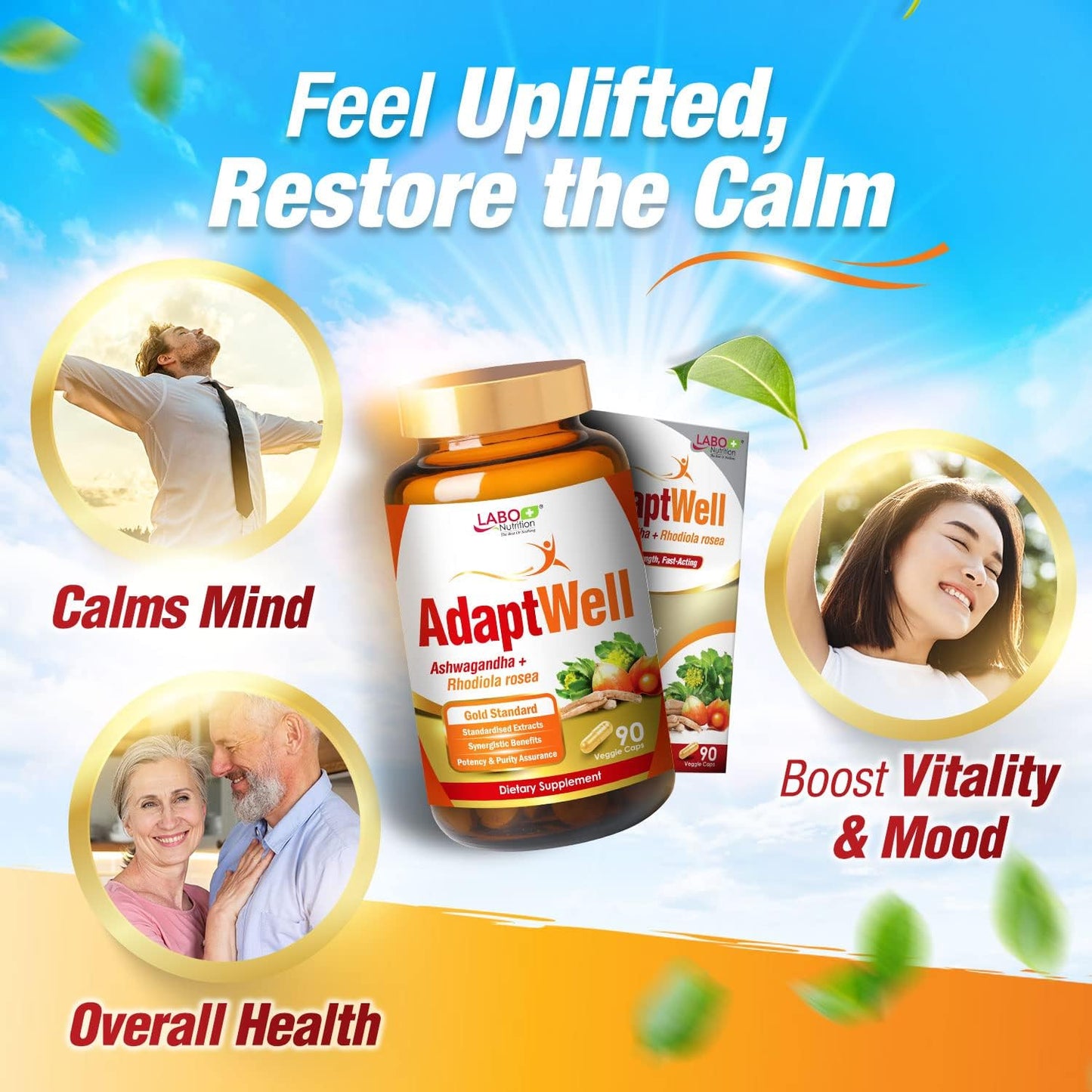 AdaptWell Ashwagandha & Rhodiola Root Extract Capsules with Bioperine - 90 Count for Relaxation, Adrenal Health, Immune Support & Thyroid Function