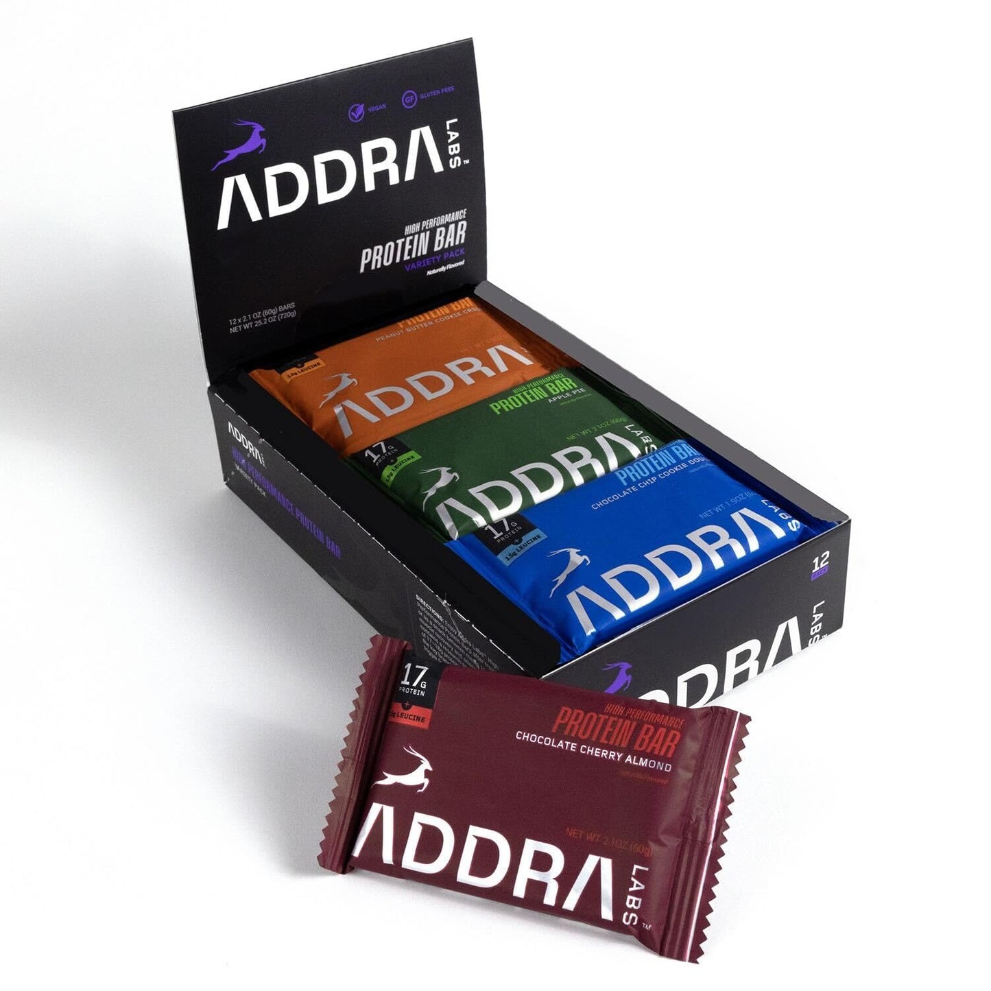 ADDRA Protein Bars: Gluten-Free, High-Protein Muscle Recovery Bars for Runners - 17g Protein, 1.5g BCAA Leucine, Low Sugar, Vegan, Plant-Based, Dairy Flavors - Mixed Case Variety Pack, 12-Pack