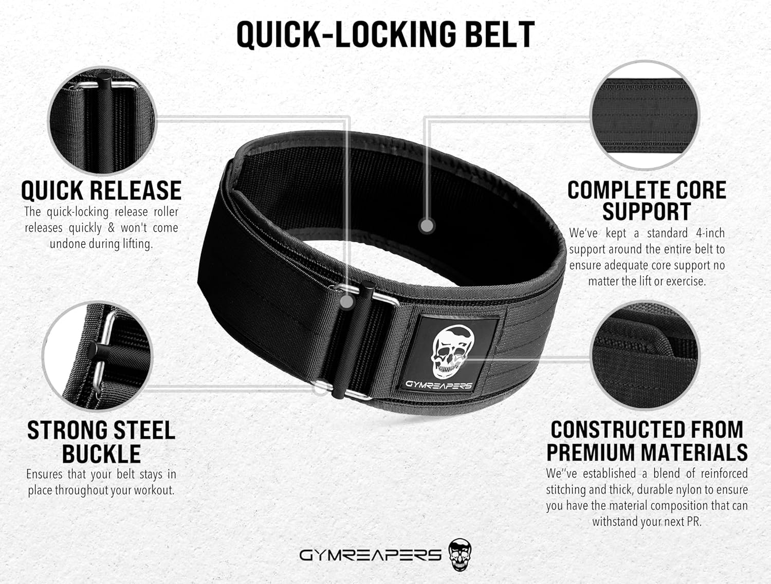 Adjustable 4 Inch Neoprene Weightlifting Belt with Quick Locking Metal Buckle for Bodybuilding, Powerlifting, Cross Training - Gymreapers - Olympic Lifting Back Support
