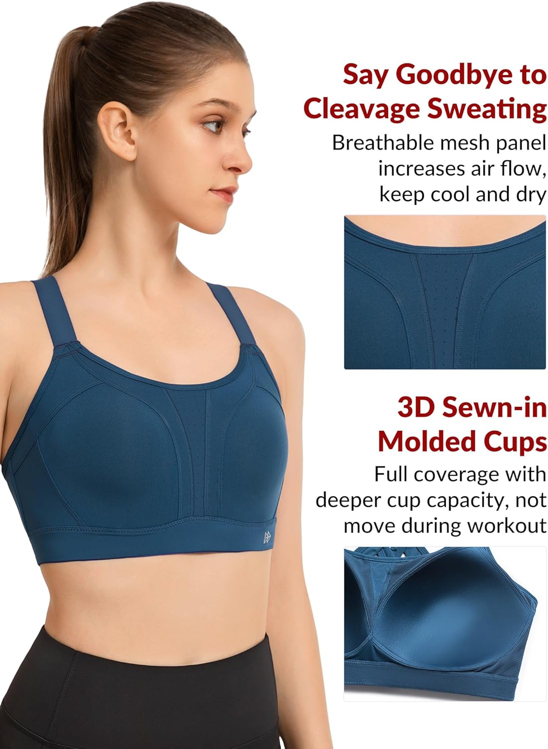 Adjustable Criss Cross Back High Impact Sports Bra with Full Support for Large Bust - Yvette Sports Bra, No Bounce