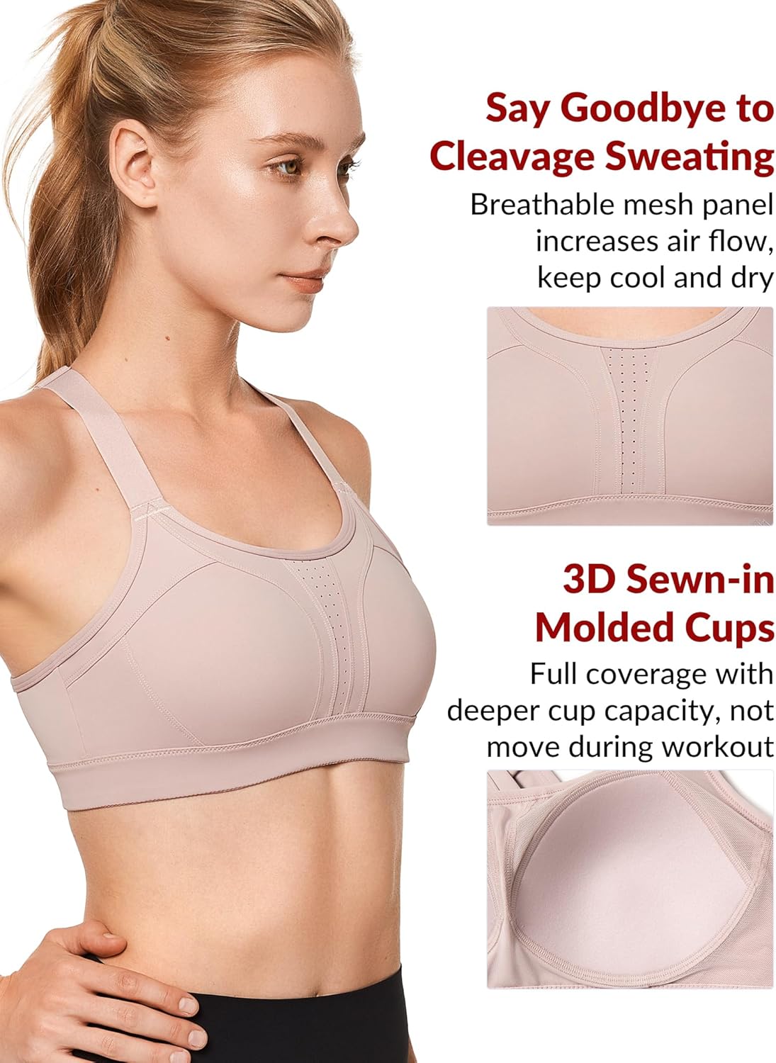 Adjustable Criss Cross Back High Impact Sports Bra for Large Bust - Yvette Full Support, No Bounce