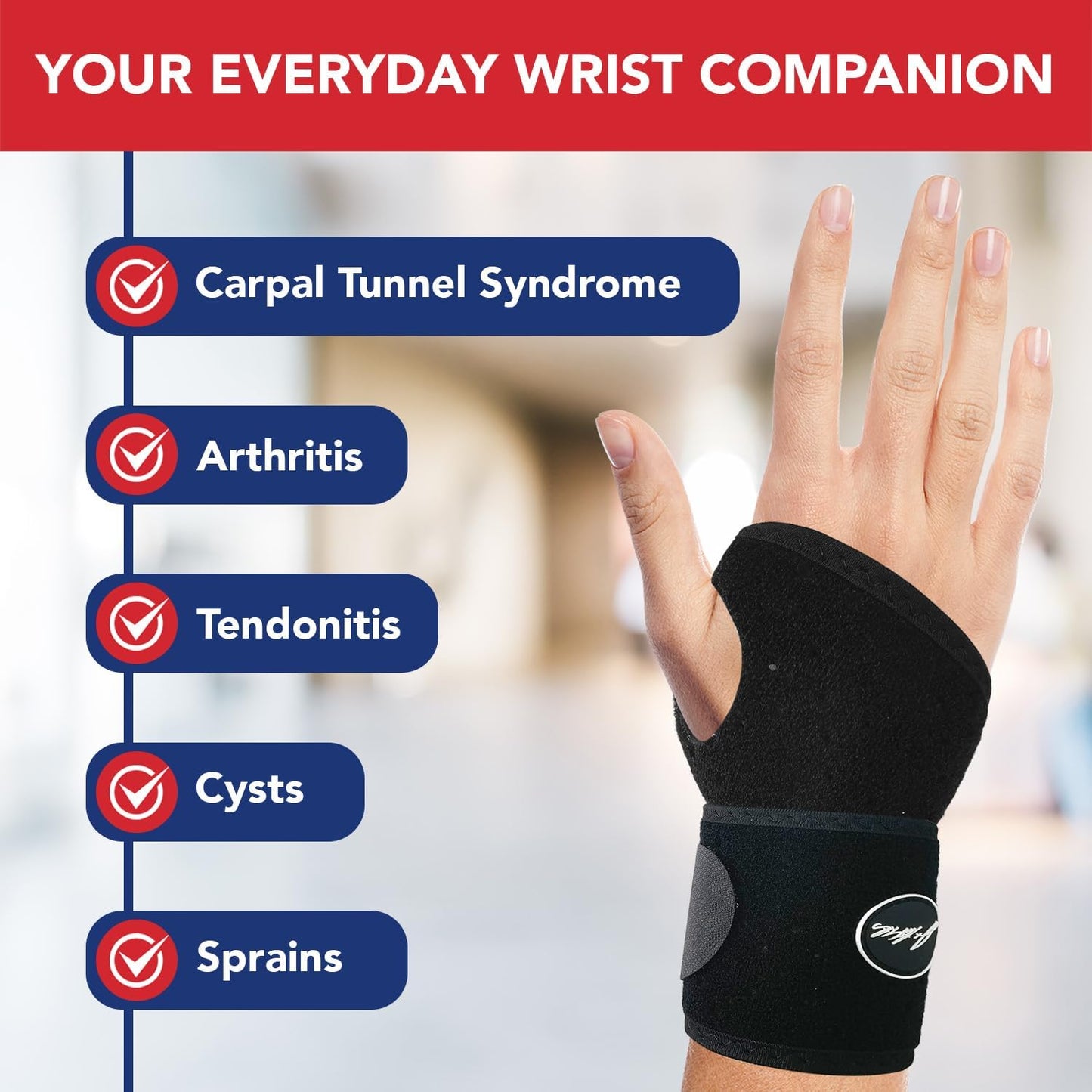 Adjustable Wrist Brace for Carpal Tunnel & Injuries, Doctor-Developed Compression Hand Brace, Easy to Wear, Fits Both Hands - Single Pack