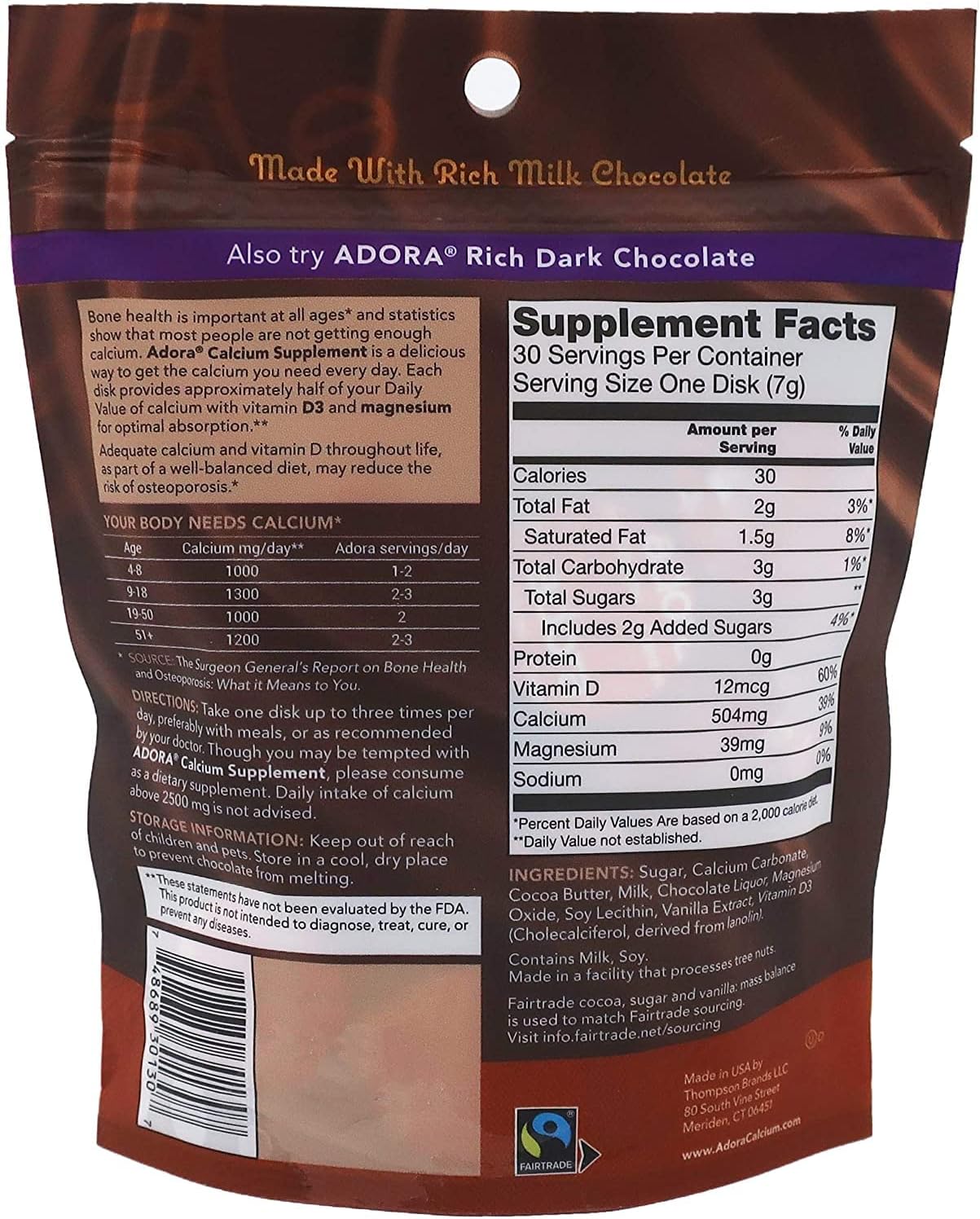 Adora Premium Vitamin D3, Magnesium, and Calcium Milk Chocolate Supplement - 30 Count x 2 Pack