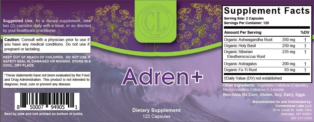 Adren+ Capsules by Cornerstone Labs - 120 Count - Support Adrenal Health and Vitality