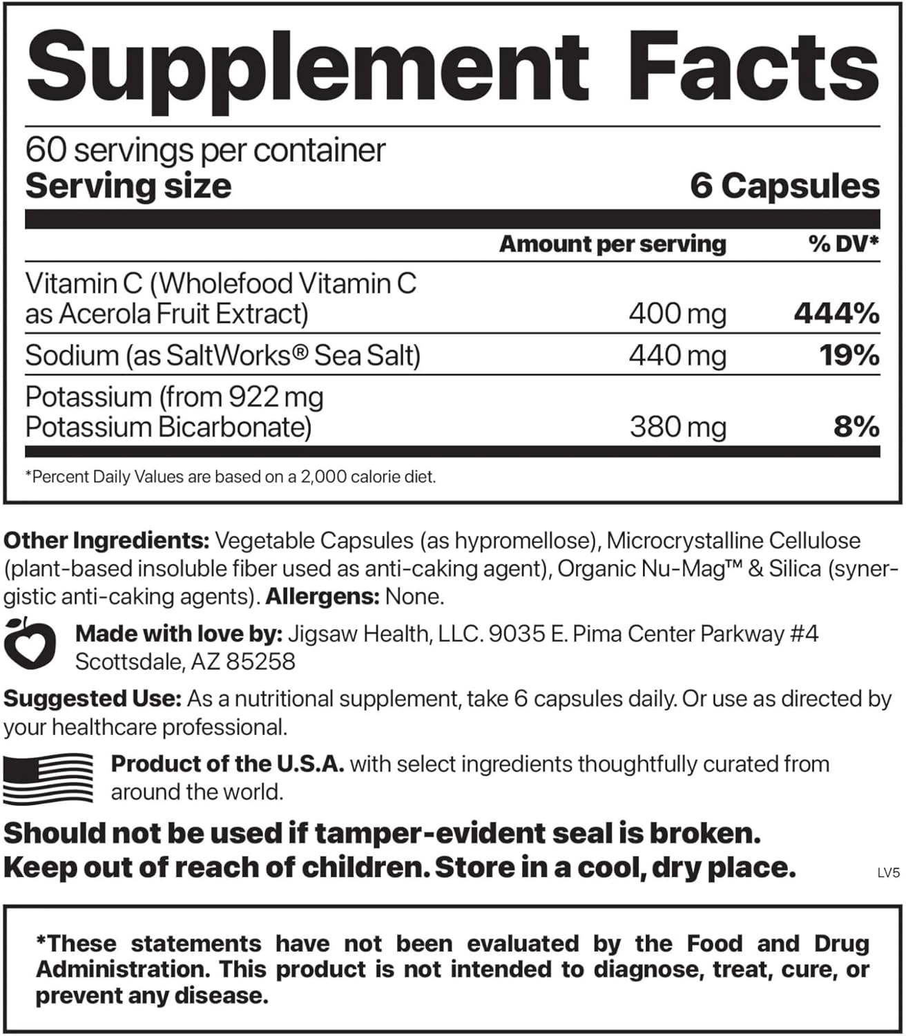 Adrenal Cocktail + Wholefood Vitamin C Capsules | Potassium Bicarbonate, Sea Salt, Acerola Cherry Extract | 360 ct | 60 Servings - BoostGo Australia