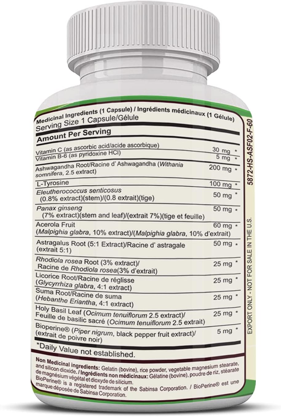 Adrenal Fatigue Support Supplement with Rhodiola Rosea, L-Tyrosine, Panax Ginseng, Holy Basil - Natural Cortisol Gland Complex for Energy & Health