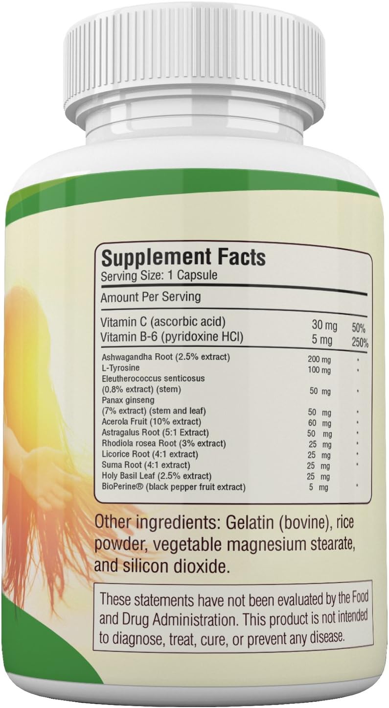 Adrenal Fatigue Support Supplement with Rhodiola Rosea, L-Tyrosine, Panax Ginseng, Holy Basil - Natural Cortisol Gland Complex for Energy & Health