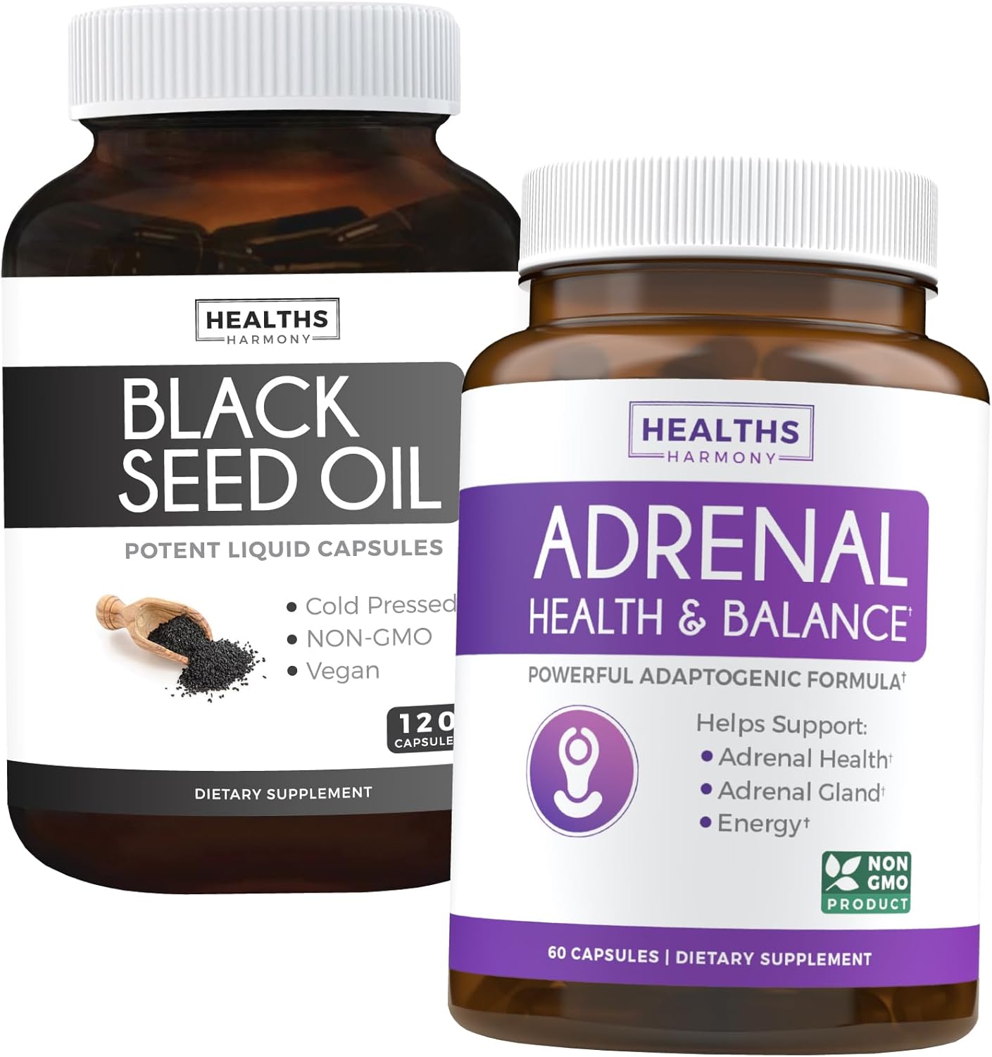 Adrenal Power Pack & Black Seed Oil Bundle - Premium Adrenal Support & Cortisol Management - Non-GMO & Vegan