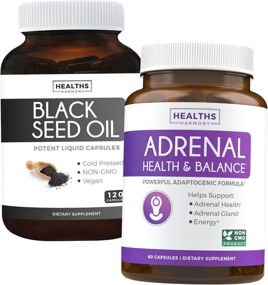 Adrenal Power Pack & Black Seed Oil Bundle - Premium Adrenal Support & Cortisol Management - Non-GMO & Vegan