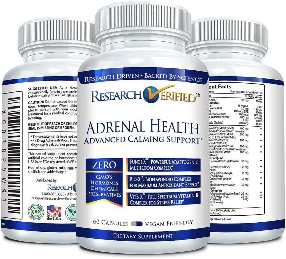Adrenal Support Capsules - Balance Cortisol, Boost Energy - Mushrooms, B Vitamins, Bioflavonoids - 180 Count