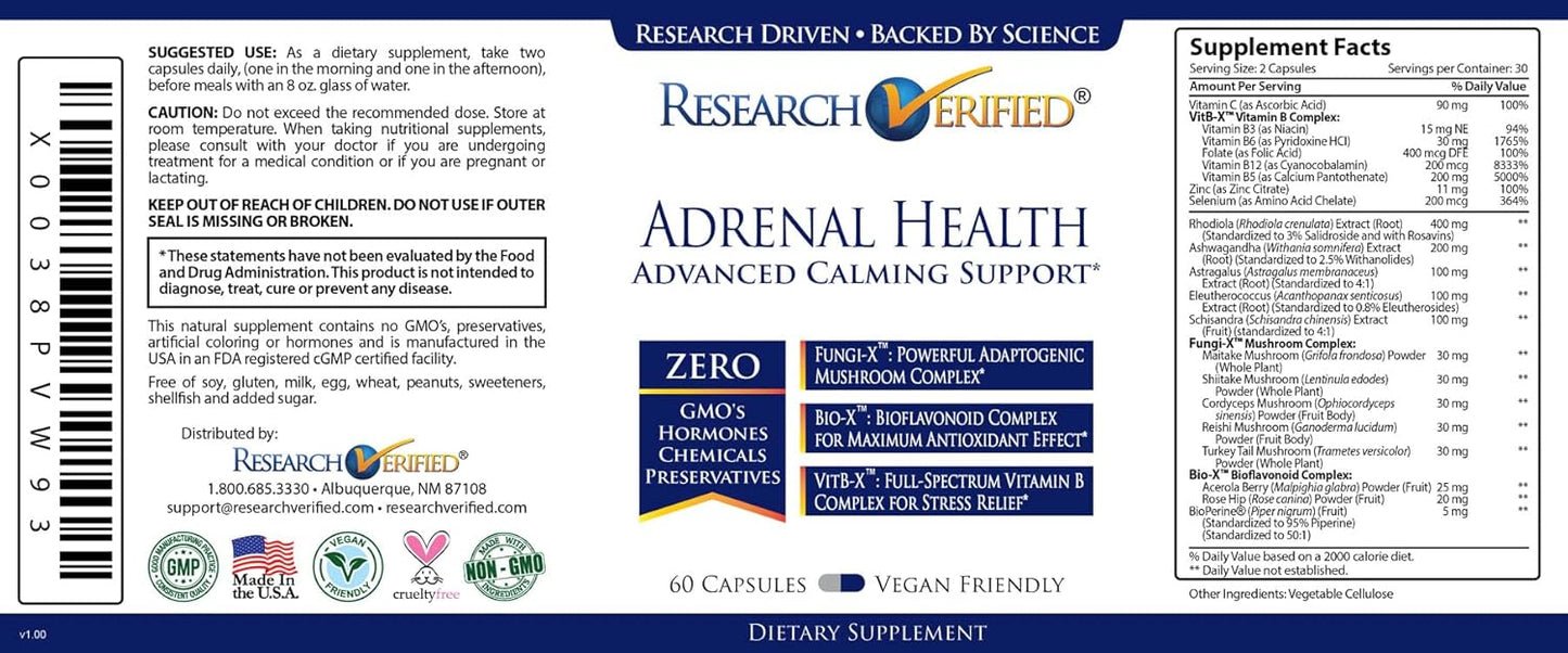 Adrenal Support Capsules - Balance Cortisol, Boost Energy - Mushrooms, B Vitamins, Bioflavonoids - 180 Count