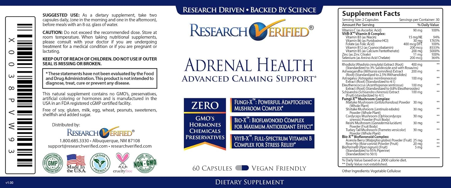 Adrenal Support Capsules - Balance Cortisol, Boost Energy - Mushrooms, B Vitamins, Bioflavonoids - 180 Count