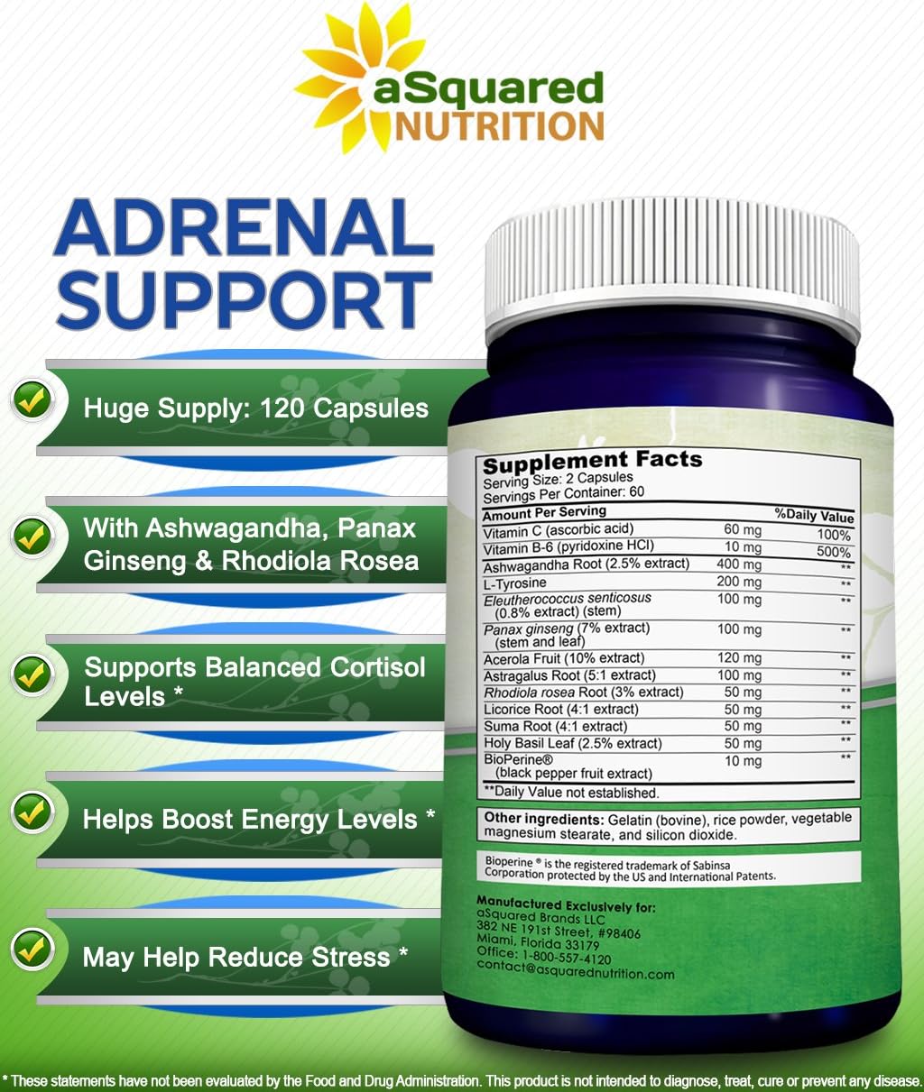 Adrenal Support & Cortisol Manager Supplement - 120 Capsules for Fatigue & Stress Relief with Vitamin C Complex - Ashwagandha, L-Tyrosine, Rhodiola & Ginseng for Adrenal Health