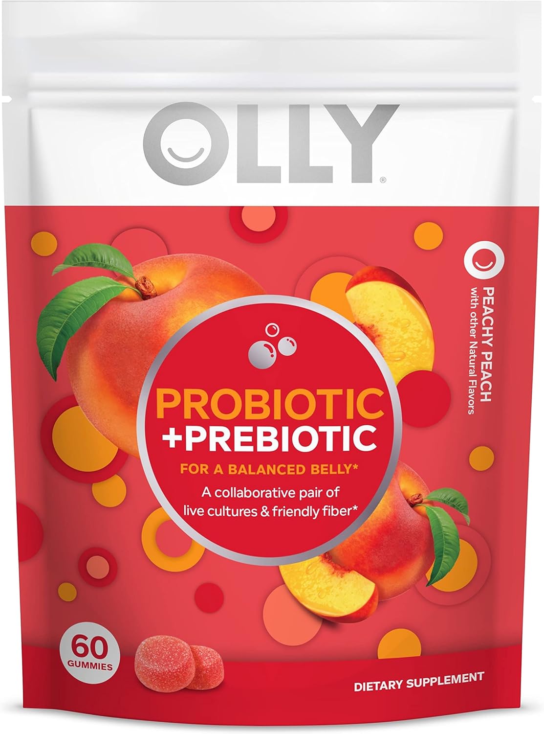 Adult Chewable Probiotic + Prebiotic Gummy with 500 Million CFUs, Fiber, Peach Flavor - Digestive and Gut Health Support - Case Pack