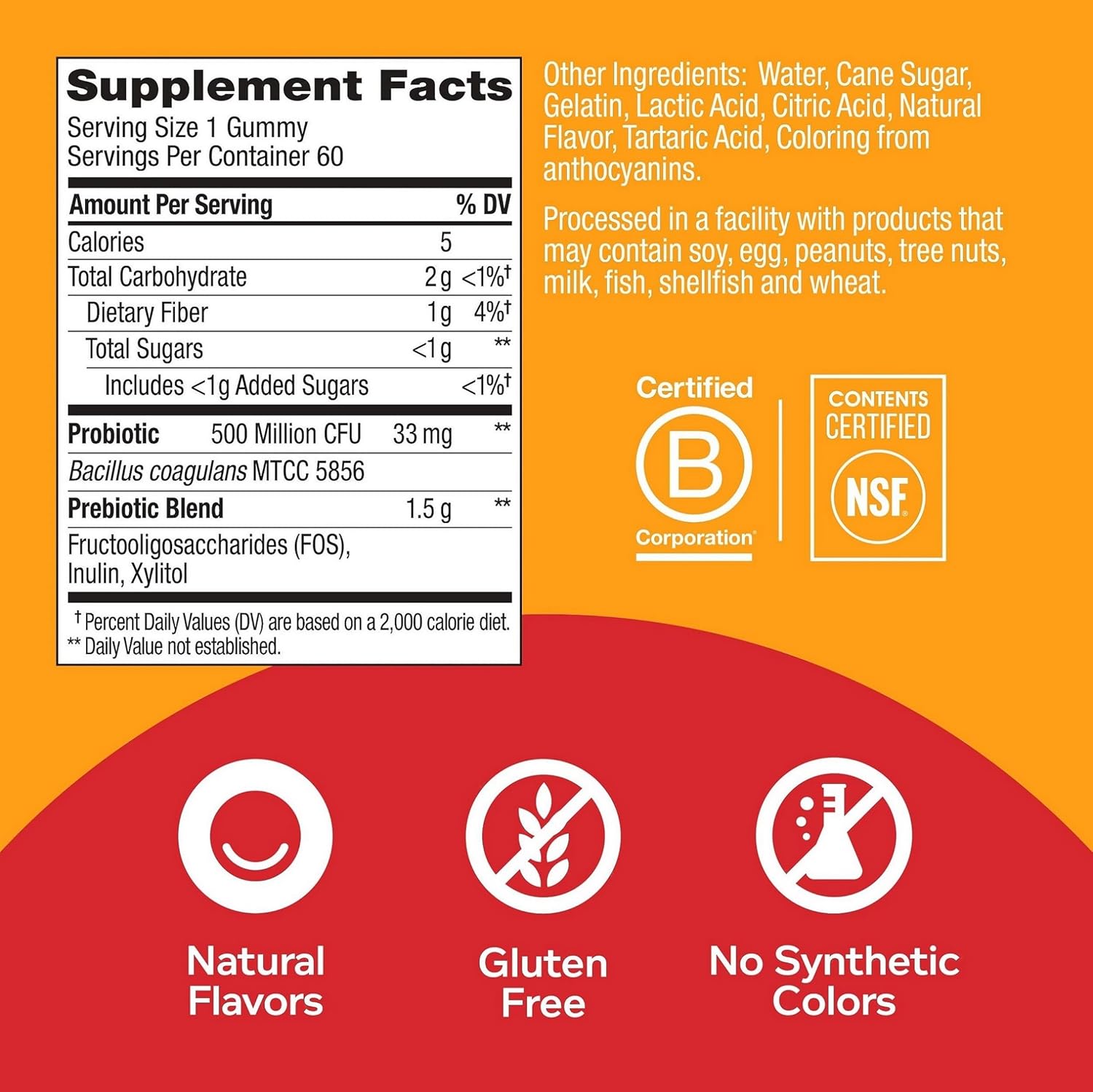 Adult Chewable Probiotic + Prebiotic Gummy with 500 Million CFUs, Fiber, Peach Flavor - Digestive and Gut Health Support - Case Pack