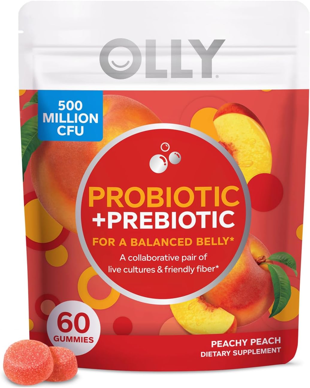 Adult Chewable Probiotic + Prebiotic Gummy with 500 Million CFUs, Fiber, Peach Flavor - Digestive and Gut Health Support - Case Pack